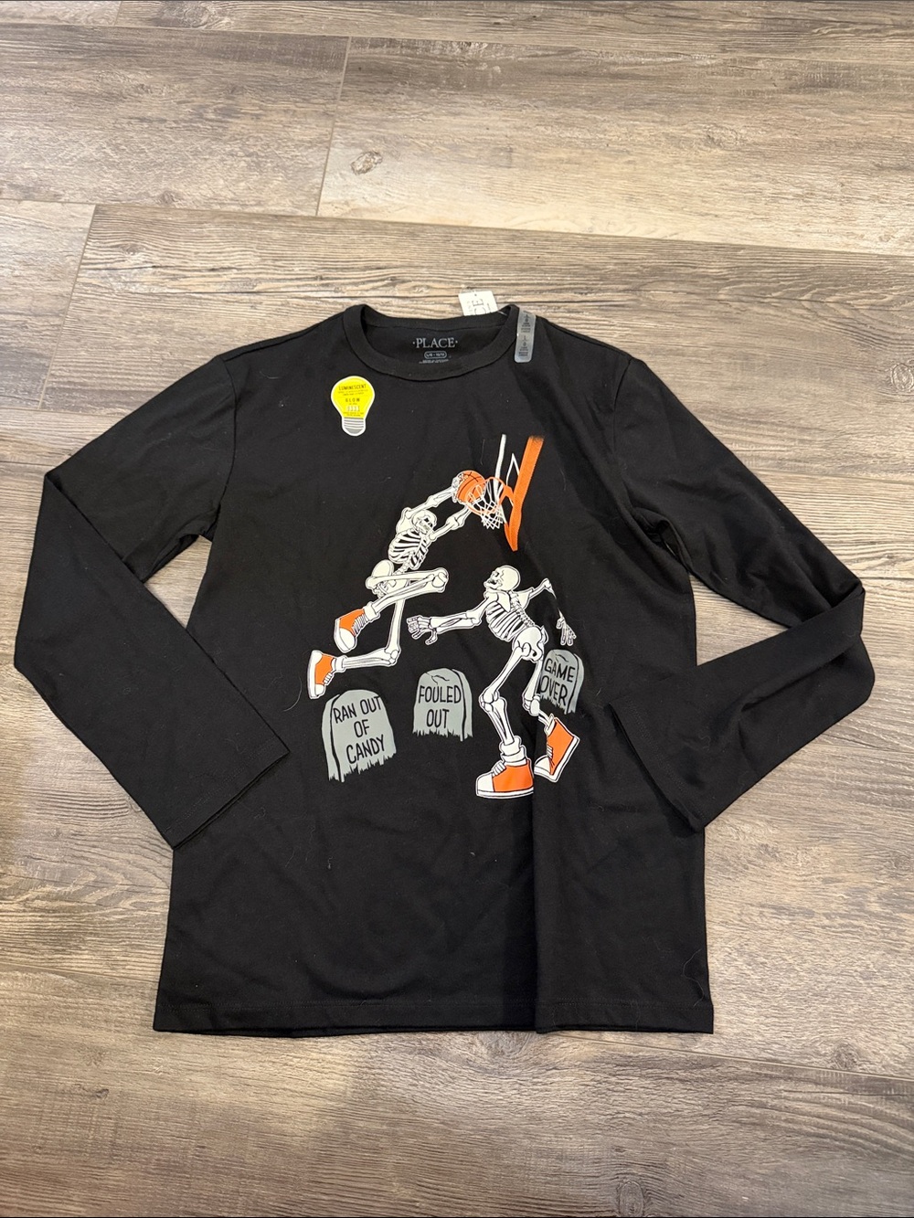 Place Black Long-Sleeve Tee with Orange & White Skeleton Basketball Graphic